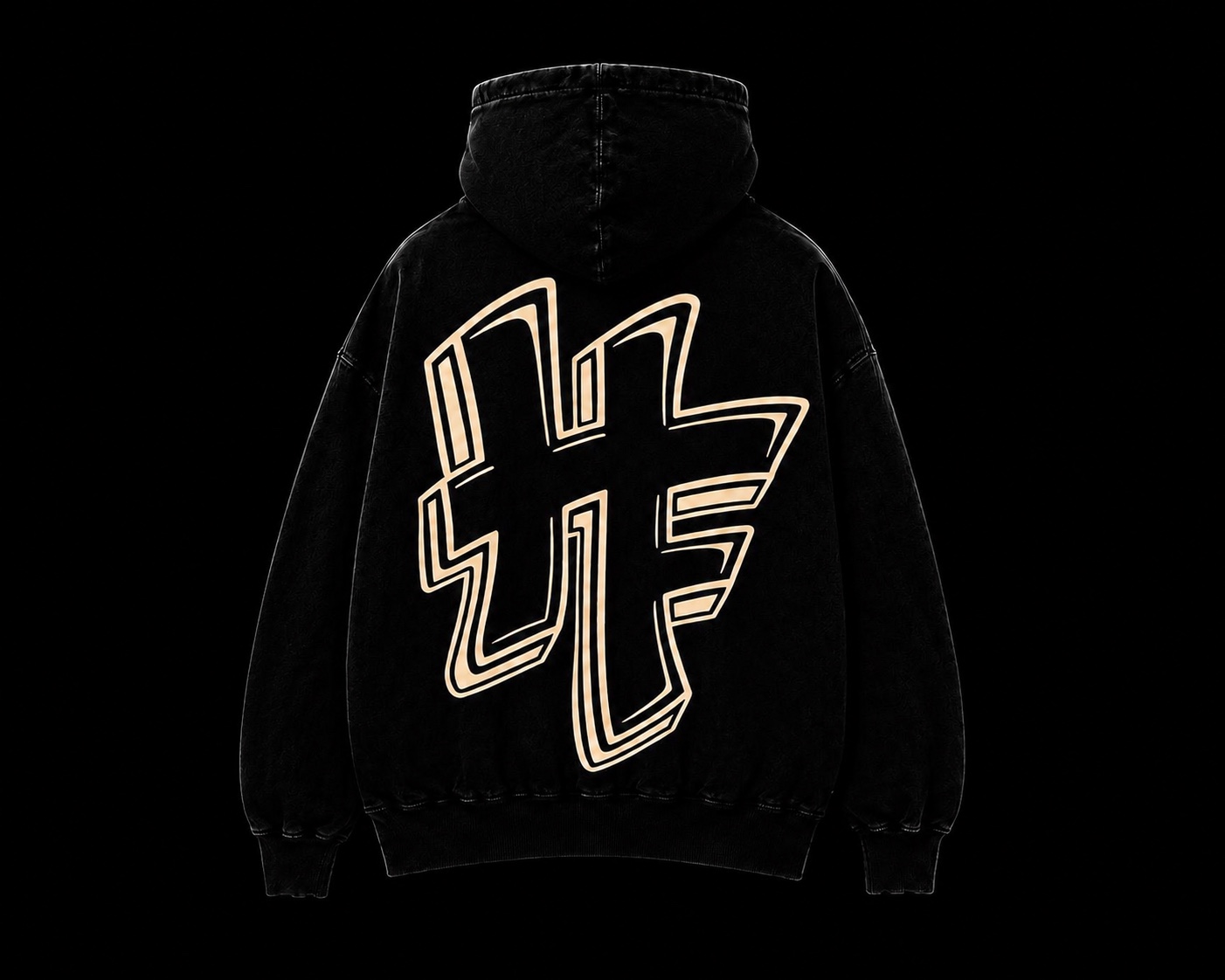 Back of washed black Hood Florist hoodie with large cream HF artwork