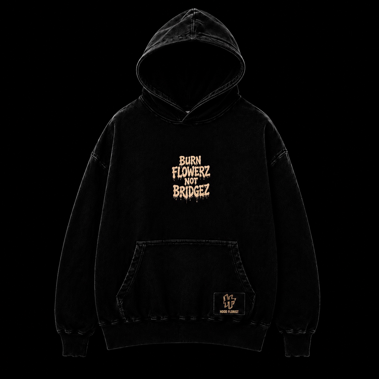 Front of washed black Hood Florist Burn Flowerz Not Bridgez hoodie